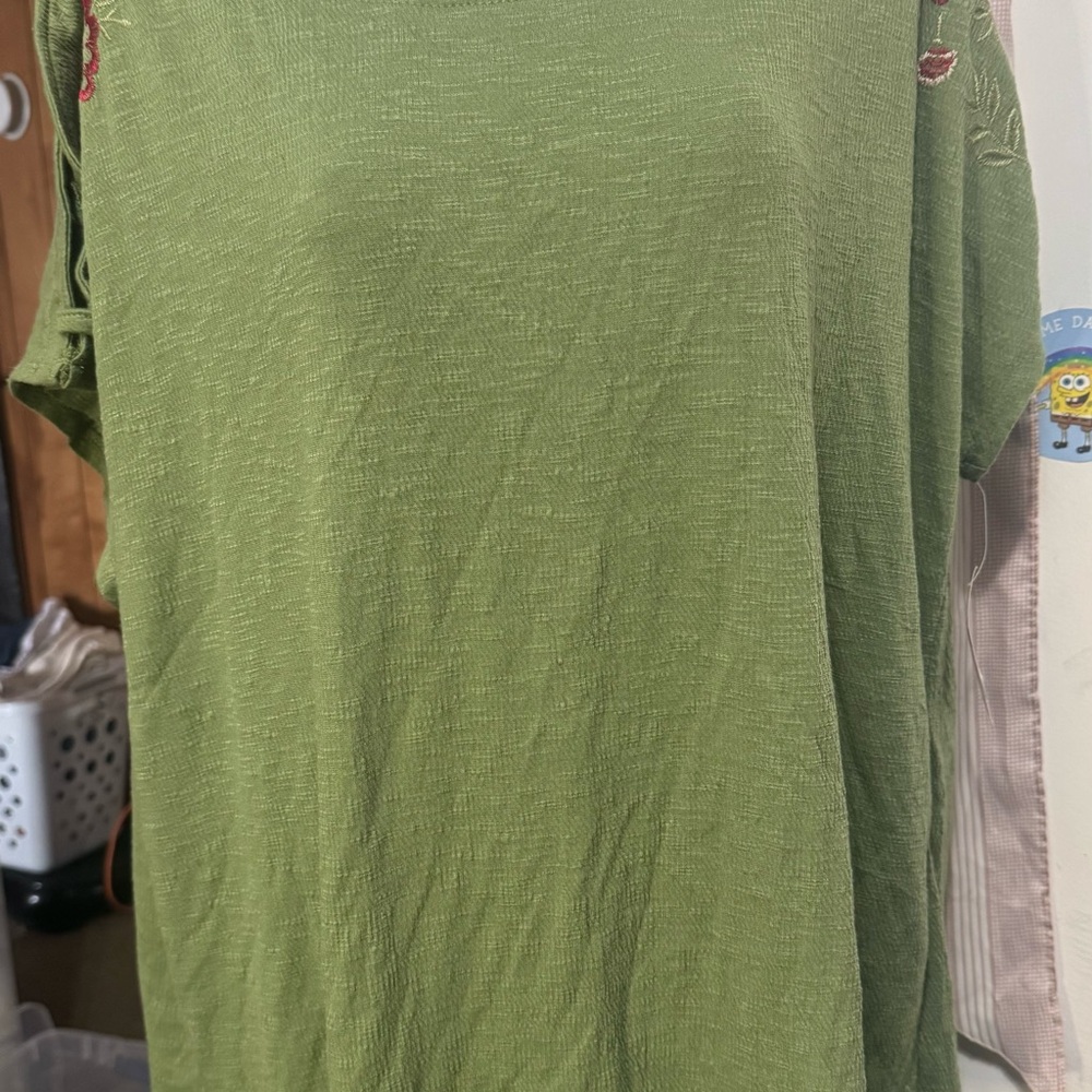 Vintage Rose Green Open Sleeves Top with Floral Detail Size 2X